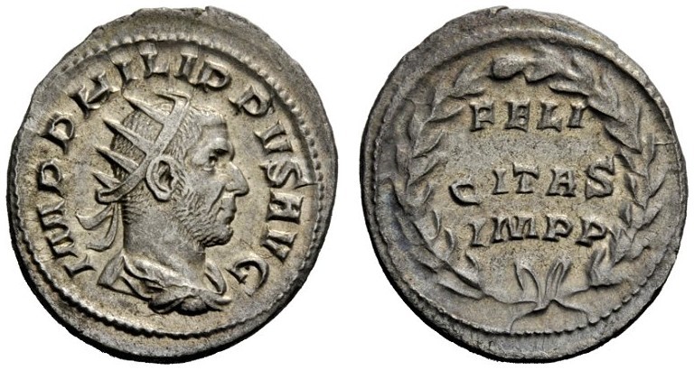 THE ROMAN EMPIRE 
 Philip I, 244 – 249 
 Antoninianus 247-249, AR 3.85 g. Radi...