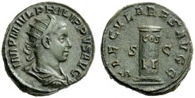 THE ROMAN EMPIRE 
 Philip II augustus, 246-248 
 Dupondius 248, Æ 15.02 g. Radiate, draped and cuirassed bust r. Rev. Low column inscribed. C 80. RI...