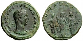 THE ROMAN EMPIRE 
 Gallienus, 253 – 268 
 As (?) 258, Æ 10.78 g. Laureate and cuirassed bust r. Rev. Three Monetae standing facing. C –, cf. 664. RI...