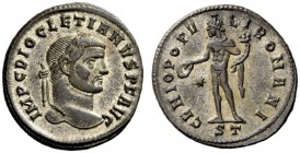 THE ROMAN EMPIRE 
 Diocletian, 284 – 305 
 Follis circa 295-296, Æ 9.50 g. Laureate head r. Rev. Genio turreted standing l., holding patera and corn...