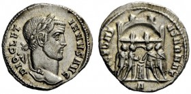 THE ROMAN EMPIRE 
 Diocletian, 284 – 305 
 Argenteus circa 295-297, AR 3.19 g. Laureate head r. Rev. Six-turreted camp gate with the four tetrarchs ...