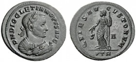 THE ROMAN EMPIRE 
 Diocletian, 284 – 305 
 Follis, Treveri circa 307, Æ 7.74 g. Laureate bust r., wearing consular robes. Rev. Quies standing l., ho...