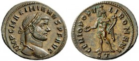 THE ROMAN EMPIRE 
 Maximianus Herculeus, 286 – 305 
 Follis, Ticinum 295-296, Æ 8.97 g. Laureate head r. Rev. Genius standing l., holding patera and...