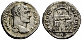 THE ROMAN EMPIRE 
 Maximianus Herculeus, 286 – 305 
 Argenteus 295-297, AR 3.65 g. Laureate head r. Rev. Six-turreted camp gate with the four tetrar...