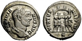 THE ROMAN EMPIRE 
 Maximianus Herculeus, 286 – 305 
 Argenteus 295-297, AR 3.01 g. Laureate head r. Rev. Six-turreted camp gate with the four tetrar...