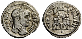 THE ROMAN EMPIRE 
 Maximianus Herculeus, 286 – 305 
 Argenteus 295-297, AR 3.00 g. Laureate head r. Rev. Six-turreted camp gate with the four tetrar...