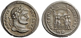 THE ROMAN EMPIRE 
 Maximianus Herculeus, 286 – 305 
 Argenteus 296, AR 2.87 g. Laureate head r. Rev. Six-turreted camp gate with the four tetrarchs ...