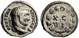 THE ROMAN EMPIRE 
 Constantius Chlorus caesar, 293 – 305 
 Argenteus, Carthago 300, AR 2.29 g. Laureate head r. Rev. XC / VI within wreath. C 345. R...