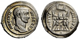 THE ROMAN EMPIRE 
 Galerius Maximianus caesar, 293 – 305 
 Argenteus 295-297, AR 2.60 g. Laureate head r. Rev. Six-turreted camp gate with the four ...