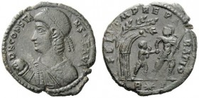 THE ROMAN EMPIRE 
 Constans 337 – 350 
 Æ2, 348-350, 4.25 g. Diademed and draped bust l., holding globe. Rev. Helmeted soldier advancing r. leading ...