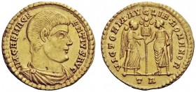 THE ROMAN EMPIRE 
 Magnentius, 350 – 353 
 Solidus, Treveri January-February 350, AV 4.61 g. Bare-headed, draped and cuirassed bust r. Rev. Victory ...