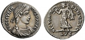 THE ROMAN EMPIRE 
 Julian II augustus, 360 – 363 
 Siliqua, Lugdunum 360-363, AR 2.11 g. Diademed, draped and cuirassed bust r. Rev. Victory standin...