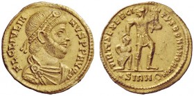 THE ROMAN EMPIRE 
 Julian II augustus, 360 – 363 
 Solidus, Sirmium 361-363, AV 4.50 g. Perl-diademed and cuirassed bust r. Rev. Soldier, helmeted, ...