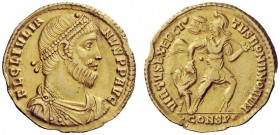 THE ROMAN EMPIRE 
 Julian II augustus, 360 – 363 
 Solidus, Constantinopolis 361-363, AV 4.42 g. Perl-diademed and cuirassed bust r. Rev. Soldier, h...