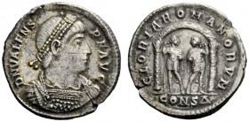 THE ROMAN EMPIRE 
 Valens, 364 – 378 
 Light miliarense, Constantinopolis 364-367, AR 3.93 g. Pearl-diademed, draped and cuirassed bust r. Rev. Two ...