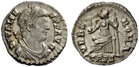 THE ROMAN EMPIRE 
 Valens, 364 – 378 
 Siliqua, Treveri 367-375, AR 1.87 g. Diademed, draped and cuirassed bust r. Rev. Roma seated l., holding Vict...