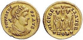 THE ROMAN EMPIRE 
 Valens, 364 – 378 
 Solidus, Treveri 373-375, AV 4.45 g. Rosette-diademed, draped and cuirassed bust r. Rev. Two emperors seated ...