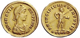 THE ROMAN EMPIRE 
 Gratian, 367 – 383 
 Solidus, Constantinopolis 367-375, AV 4.41 g. Pearl-diademed, draped and cuirassed bust r. Rev. Gratian stan...