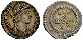 THE ROMAN EMPIRE 
 Gratian, 367 – 383 
 Siliqua, Treveri 375-378, AR 2.06 g. Diademed, draped and cuirassed bust r. Rev. Legend within wreath. C 68....