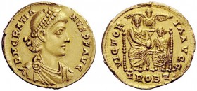 THE ROMAN EMPIRE 
 Gratian, 367 – 383 
 Solidus, Treveri 378-383, AV 4.24 g. Pearl-diademed, draped and cuirassed bust r. Rev. Two emperors seated f...