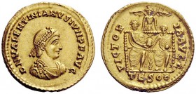 THE ROMAN EMPIRE 
 Valentinian II, 375 – 392 
 Solidus, Thessalonica 378–383, AV 4.44 g. Pearl-diademed, draped and cuirassed small bust r. Rev. Two...