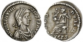 THE ROMAN EMPIRE 
 Valentinian II, 375 – 392 
 Siliqua, Lugdunum 388-392, AR 1.91 g. Diademed, draped and cuirassed bust r. Rev. Roma seated l., hol...