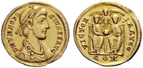 THE ROMAN EMPIRE 
 Thedosius I, 379 – 395 
 Solidus, Mediolanum 379-383, AV 4.19 g. Pearl-diademed, draped and cuirassed bust r. Rev. Two emperors, ...