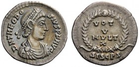 THE ROMAN EMPIRE 
 Thedosius I, 379 – 395 
 Siliqua, Siscia 379-378, AR 1.92 g. Diademed, draped and cuirassed bust r. Rev. Legend within wreath. C ...