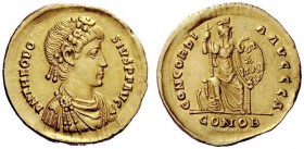 THE ROMAN EMPIRE 
 Thedosius I, 379 – 395 
 Solidus, Constantinopolis 383-388, AV 4.46 g. Rosette-diademed, draped and cuirassed bust r. Rev. Consta...