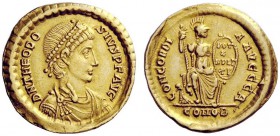 THE ROMAN EMPIRE 
 Thedosius I, 379 – 395 
 Solidus, Constantinopolis 383-388, AV 4.42 g. Pearl-diademed, draped and cuirassed bust r. Rev. Constant...