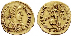 THE ROMAN EMPIRE 
 Thedosius I, 379 – 395 
 Tremissis, Mediolanum 394-395, AV 1.36 g. Pearl diademed, draped and cuirassed bust r. Rev. Victory adva...