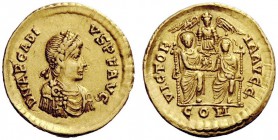 THE ROMAN EMPIRE 
 Arcadius, 383 – 408 
 Solidus, Thessalonica 383-384, AV 4.48 g. Pearl-diademed, draped and cuirassed bust r. Rev. Two emperors, n...