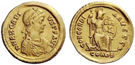 THE ROMAN EMPIRE 
 Arcadius, 383 – 408 
 Solidus, Constantinopolis 384-388, AV 4.38 g. Rosette-diademed, draped and cuirassed bust r. Rev. Constanti...