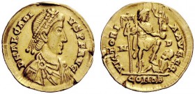 THE ROMAN EMPIRE 
 Arcadius, 383 – 408 
 Solidus, Mediolanum 394-395, AV 4.23 g. Pearl-diademed, draped and cuirassed bust r. Rev. Emperor standing ...