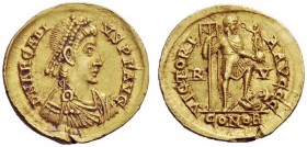 THE ROMAN EMPIRE 
 Arcadius, 383 – 408 
 Solidus, Ravenna 402-408, AV 4.47 g. Pearl-diademed, draped and cuirassed bust r. Rev. Emperor standing r.,...