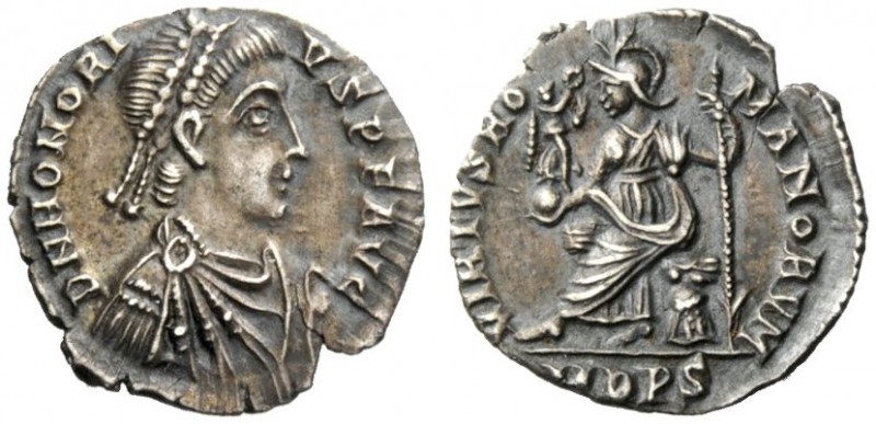 THE ROMAN EMPIRE 
 Honorius, 393 – 402 
 Siliqua, Mediolanum 393-394, AR 1.20 ...