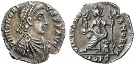 THE ROMAN EMPIRE 
 Honorius, 393 – 402 
 Siliqua, Mediolanum 393-394, AR 1.20 g. Pearl diademed, draped and cuirassed bust r. Rev. Roma seated l., h...