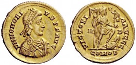 THE ROMAN EMPIRE 
 Honorius, 393 – 402 
 Solidus, Mediolanum 395-402, AV 4.45 g. Pearl-diademed, draped and cuirassed bust r. Rev. Emperor standing ...