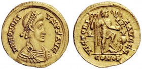 THE ROMAN EMPIRE 
 Honorius, 393 – 402 
 Solidus, Ravenna 402-406, AV 4.47 g. Pearl-diademed, draped and cuirassed bust r. Rev. Emperor standing r.,...