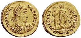 THE ROMAN EMPIRE 
 Honorius, 393 – 402 
 Solidus, Ravenna 402-406, AV 4.36 g. Pearl-diademed, draped and cuirassed bust r. Rev. Emperor standing r.,...