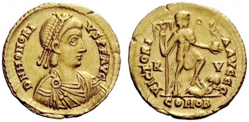 THE ROMAN EMPIRE 
 Honorius, 393 – 402 
 Solidus, Ravenna 402-406, AV 4.46 g. ...