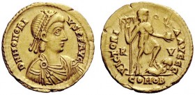 THE ROMAN EMPIRE 
 Honorius, 393 – 402 
 Solidus, Ravenna 402-406, AV 4.46 g. Pearl-diademed, draped and cuirassed bust r. Rev. Emperor standing r.,...