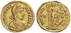 THE ROMAN EMPIRE 
 Honorius, 393 – 402 
 Solidus, Ravenna 402-406, AV 4.39 g. Pearl-diademed, draped and cuirassed bust r. Rev. Emperor standing r.,...