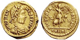 THE ROMAN EMPIRE 
 Johannes, 423 – 425 
 Tremissis, Ravenna 423–425, AV 1.44 g. Rosette-diademed, draped and cuirassed bust r. Rev. Victory advancin...