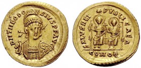 THE ROMAN EMPIRE 
 Theodosius II, 402 – 450 
 Solidus, Constantinopolis 425-429, AV 4.33 g. Helmeted, diademed and cuirassed bust three-quarters fac...