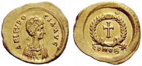 THE ROMAN EMPIRE 
 Aelia Eudocia, wife of Theodosius II 
 Tremissis, Constantinopolis 425-429, AV 1.45 g. Draped bust r., wearing elaborate and pear...