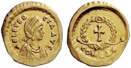 THE ROMAN EMPIRE 
 Aelia Eudocia, wife of Theodosius II 
 Tremissis, Constantinopolis 425-429, AV 1.38 g. Draped bust r., wearing elaborate and pear...