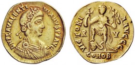 THE ROMAN EMPIRE 
 Valentinian III, 425 – 455 
 Solidus, Ravenna 426–430, AV 4.29 g. Rosette-diademed, draped and cuirassed bust r. Rev. Emperor sta...