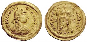 THE ROMAN EMPIRE 
 Valentinian III, 425 – 455 
 Solidus, Ravenna 430–445, AV 4.44 g. Rosette-diademed, draped and cuirassed bust r. Rev. Emperor sta...