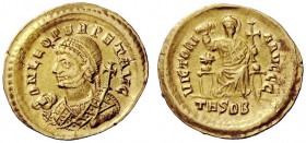 THE ROMAN EMPIRE 
 Leo I, 457 – 474 
 Solidus, Thessalonica 462 or 466, AV 4.37 g. Pearl-diademed bust l., in consular robes, holding mappa and cruc...